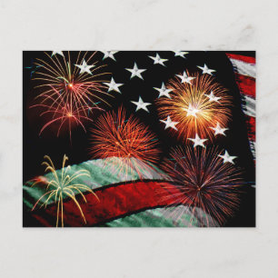 Cartão Postal Bandeira e fogos de artifício americanos