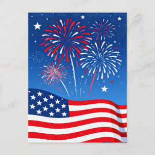 Cartão Postal Bandeira e Fogos de Artifício Quatro de Julho