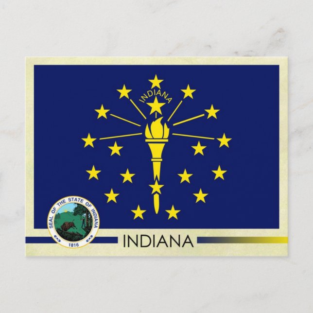 Cartão Postal Bandeira e selo do Estado de Indiana (Frente)