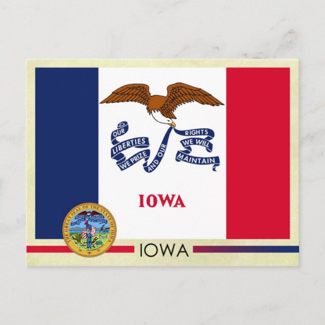 Cartão Postal Bandeira e selo do Estado de Iowa (Frente)