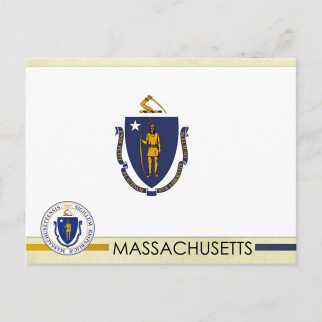 Cartão Postal Bandeira e Selo do Estado de Massachusetts (Frente)