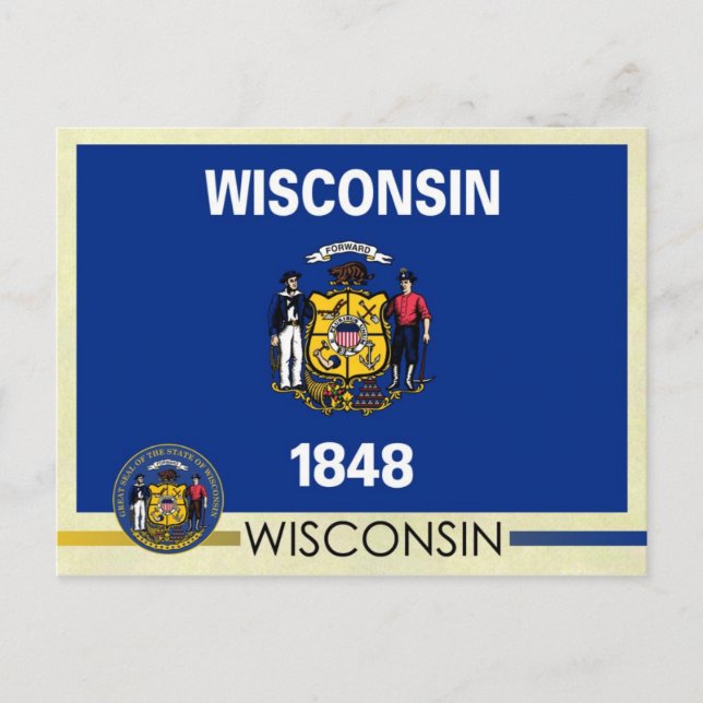 Cartão Postal Bandeira e Selo do Estado de Wisconsin (Frente)