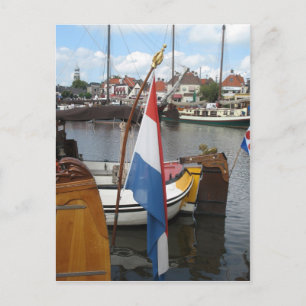 Cartão Postal Bandeira Holandesa, Barcos e Porto Lemmer Fryslan
