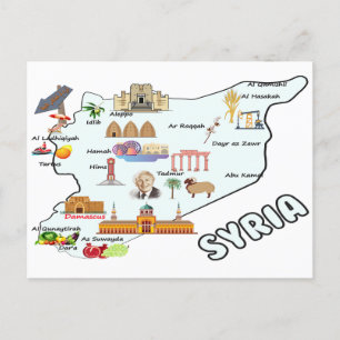 Cartão Postal bandeira mapa da Síria, nomes das principais cidad