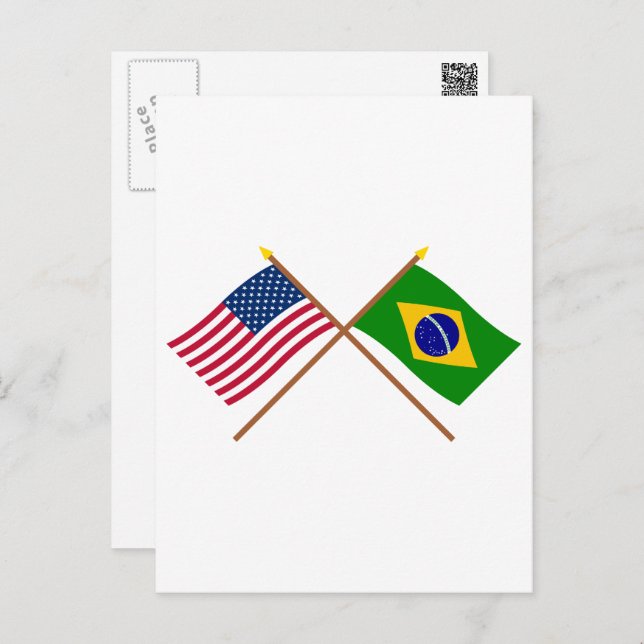Cartão Postal Bandeiras cruzadas dos EUA e do Brasil