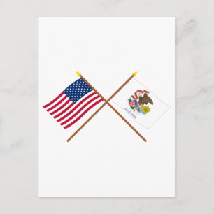 Cartão Postal Bandeiras dos EUA e de Illinois Cruzadas