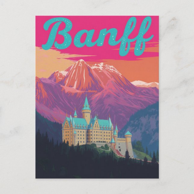 Cartão Postal Banff Castle Mountains Retro Art (Frente)