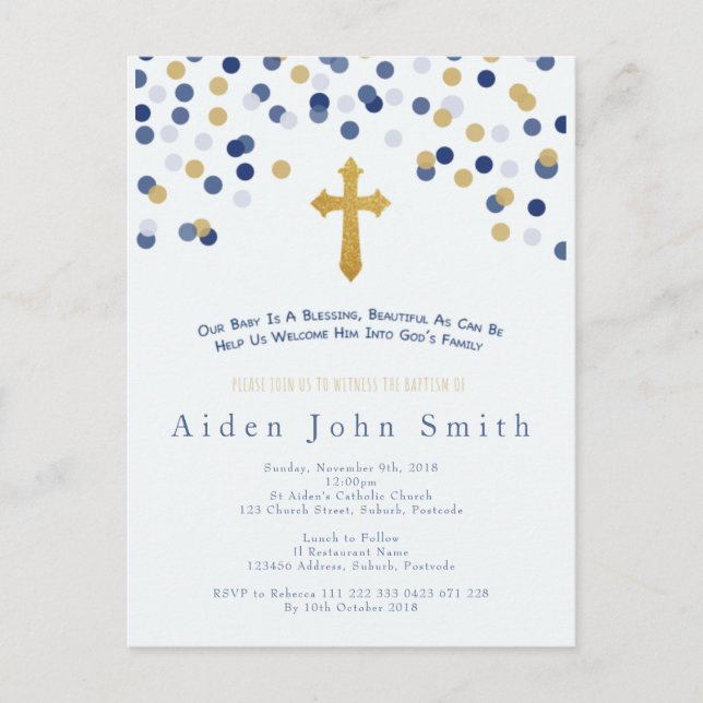 Cartão Postal Baptismo do ouro do bebé (Frente)