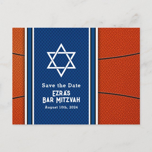 Cartão Postal Bar Azul Laranja de Basquete Mitzvah Salvar a Data (Frente)