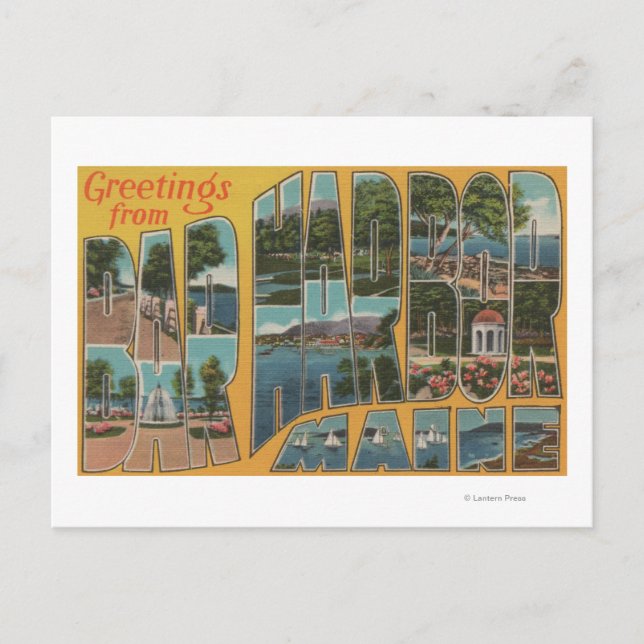 Cartão Postal Bar Harbour, Maine - Cenas com Letras Grandes (Frente)