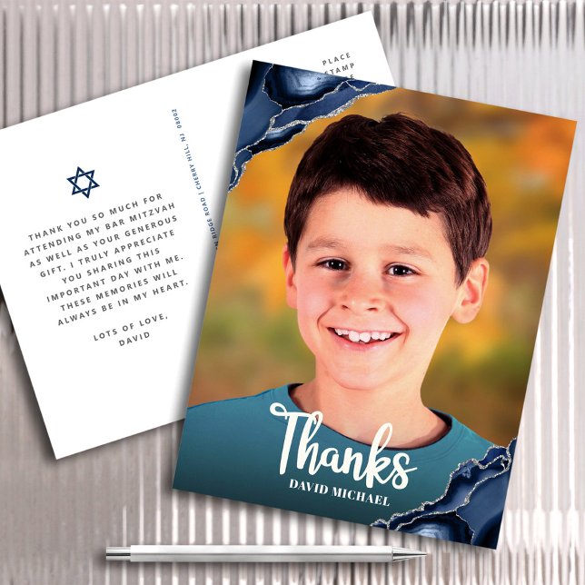 Cartão Postal Bar Mitzvah Foto Marinho Blue Agate Script Obrigad (Criador carregado)