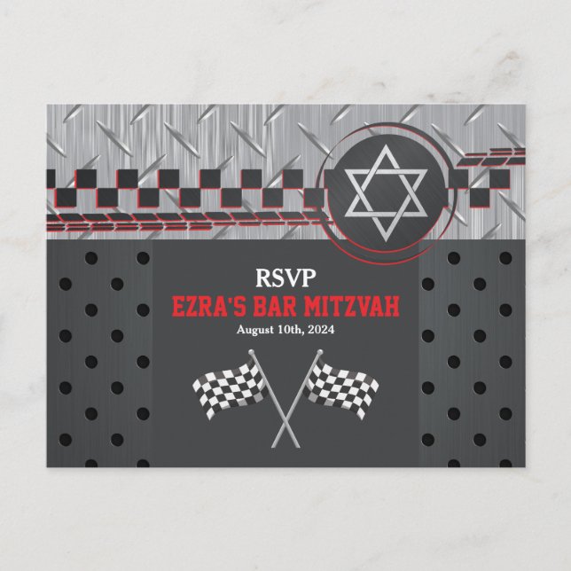 Cartão Postal Bar Mitzvah RSVP de Corrida de Carro (Frente)