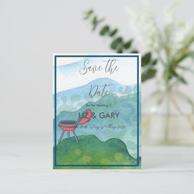 Cartão Postal Barbecue de Casamento - Salve a Data (Em pé/Frente)