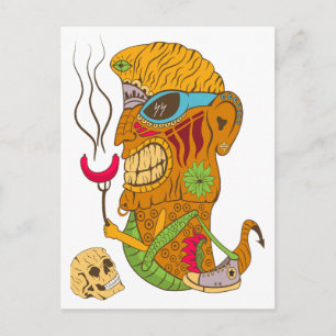 Cartão Postal Barbecue Tiki Monster com enchido e crânio humano