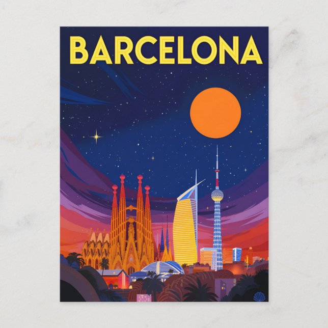 Cartão Postal Barcelona Night Skyline Sagrada Familia (Frente)