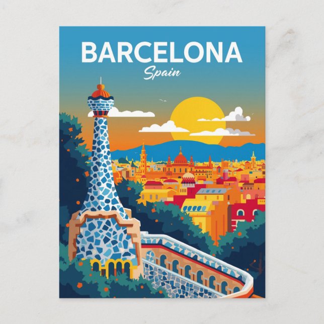 Cartão Postal Barcelona Spain Park Guell Vintage Travel (Frente)