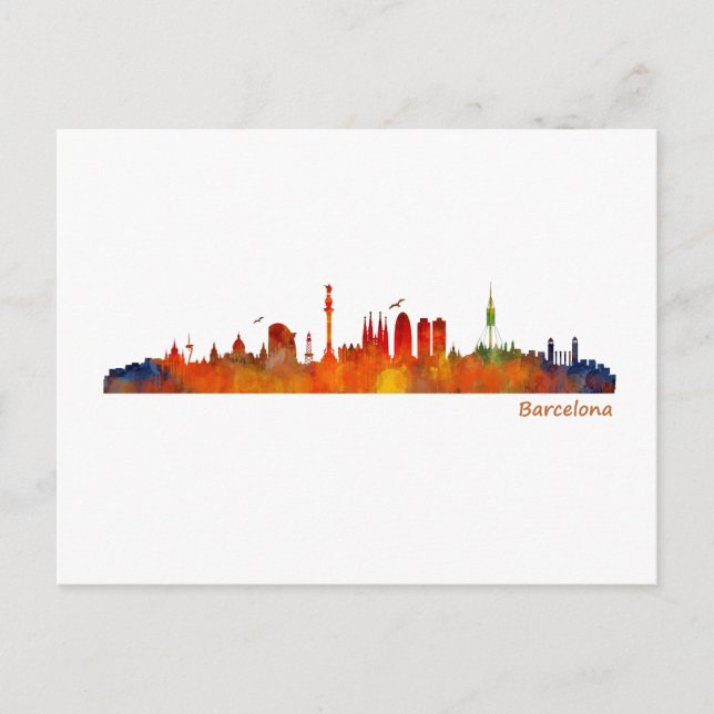 Cartão Postal Barcelona watercolor skyline v01 (Frente)