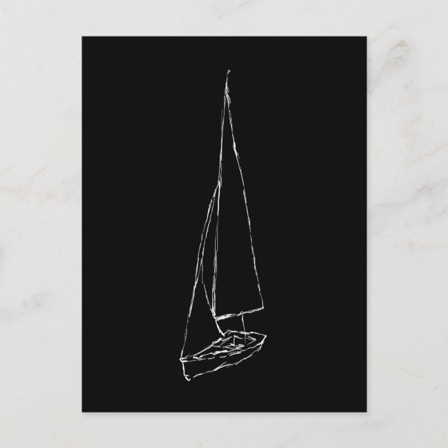 Cartão Postal Barco à vela. Desenho em preto e branco. (Frente)