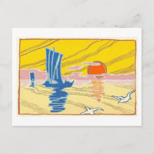 Cartão Postal Barco à Vela Vintage e Sol, Japão