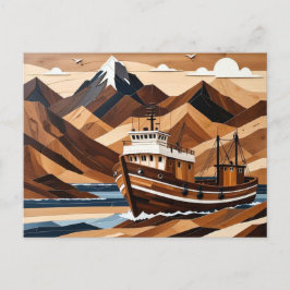 Cartão Postal Barco de Pesca no Lago Montanha