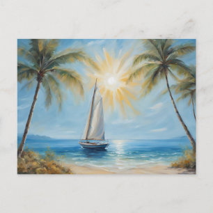 Cartão Postal Barco de vela perto da praia tropical, Palmeiras