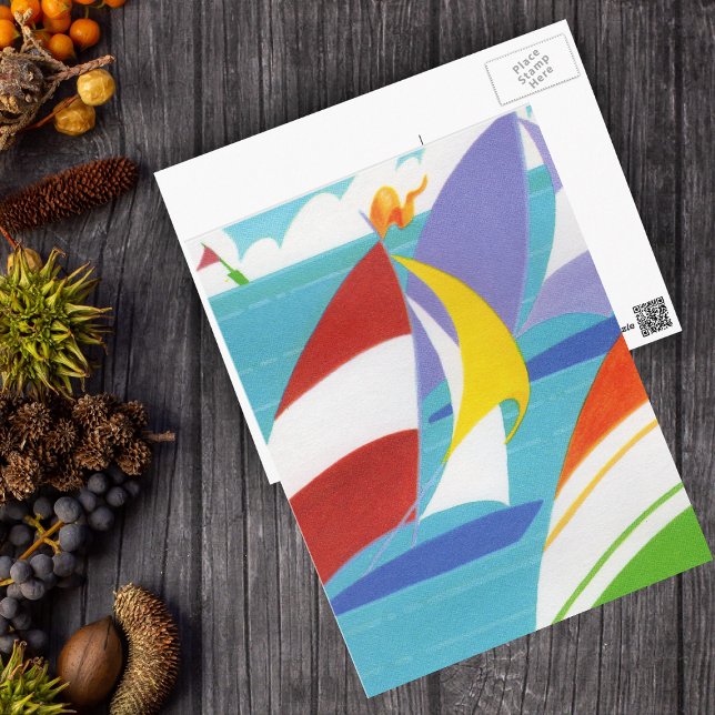 Cartão Postal Barcos à vela coloridos (Abstract colourful sailboats in blue lake sky clouds on postcard.)