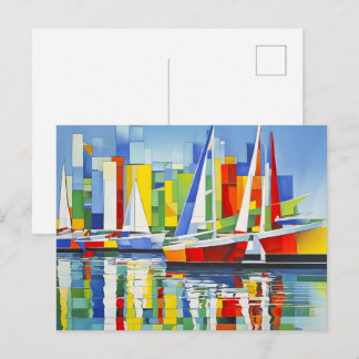 Cartão Postal Barcos à Vela Cubistas em Porto Colorido