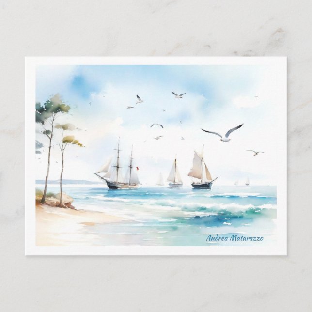 Cartão Postal Barcos à vela em mar calmo (Frente)