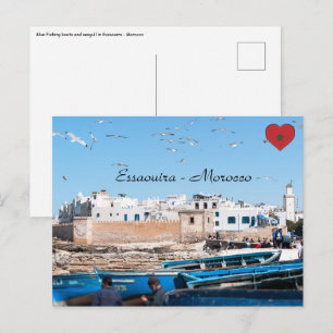 Cartão Postal Barcos de pesca azuis em Essaouira - Marrocos
