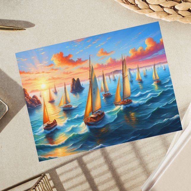 Cartão Postal Barcos de vela no oceano Céu Sunset Pacífico (Capture serenity with tranquil sailboat scene, perfect for sailing enthusiasts and art lovers.)