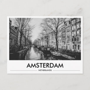 Cartão Postal Barcos do Canal de Amsterdã Preto e Branco 