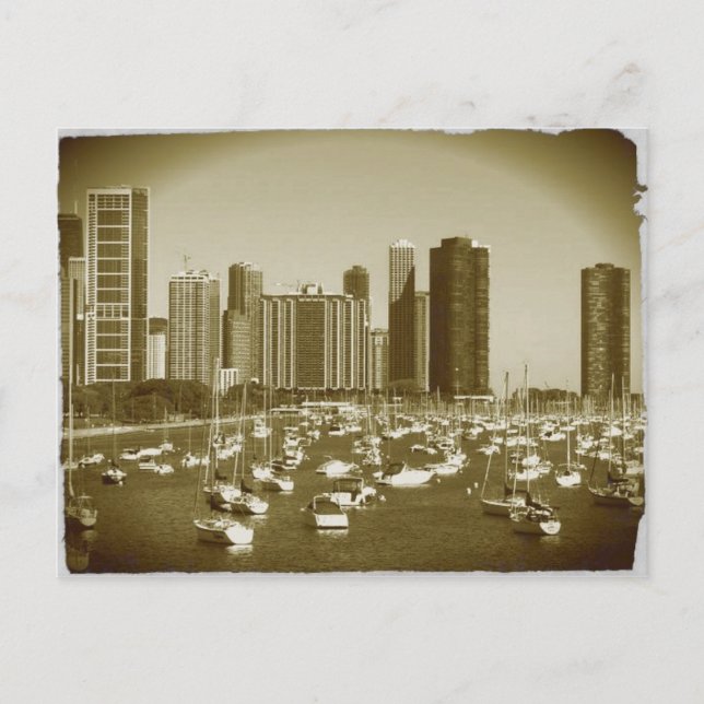 Cartão Postal Barcos estacionados no lago Michigan em Chicago. (Frente)