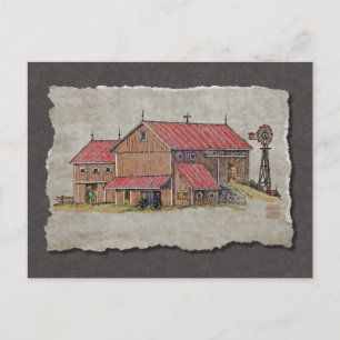 Cartão Postal Barn Buggy & Windmill