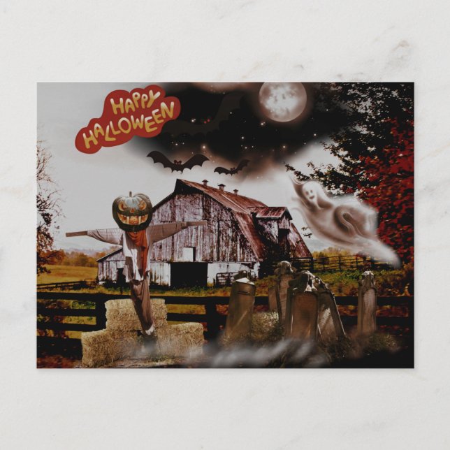 Cartão Postal *~* Barn Hay Goblin Spooky Ghost HALLOWEEN Único  (Frente)
