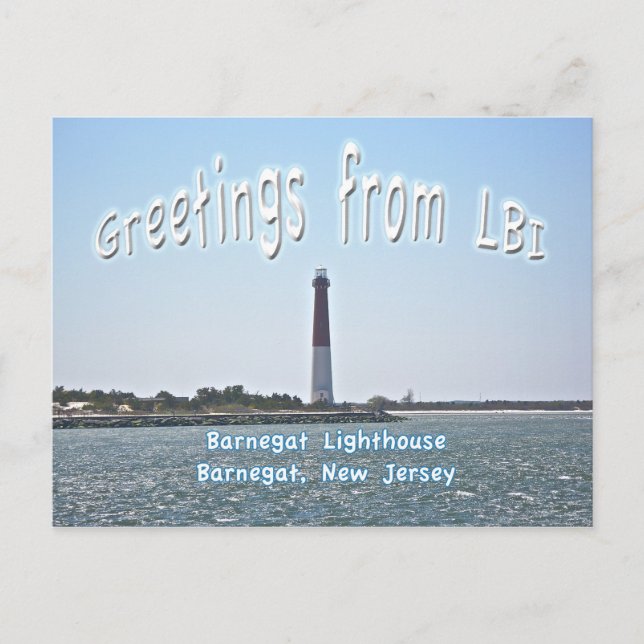 Cartão Postal Barnegat Lighthouse (Old Barney) Saudações LBI (Frente)