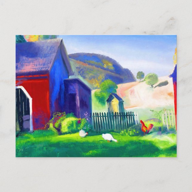 Cartão Postal Barnyard e Galinhas por George Wesley Bellows (Frente)