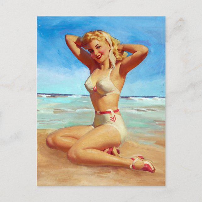 Cartão Postal Basking on Beach Pin Up (Frente)
