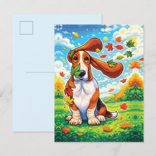 Cartão Postal Basset Hound Brincalhão Folhas de Outono Cartoon