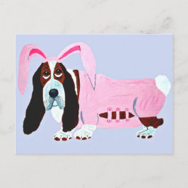 Cartão Postal Basset Hound com Fantasia de Coelho Rosa