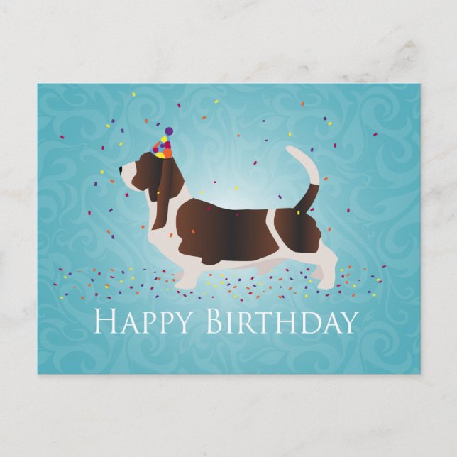 Cartão Postal Basset Hound Happy Birthday Design (Frente)