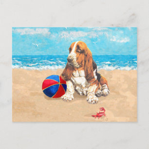Cartão Postal Basset Hound na praia