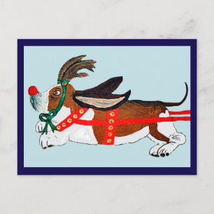 Cartão Postal Basset Hound Rudolph a Rena de Nariz Vermelho