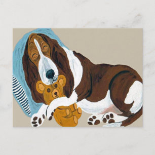 Cartão Postal Basset Suspendo Com Ursinho
