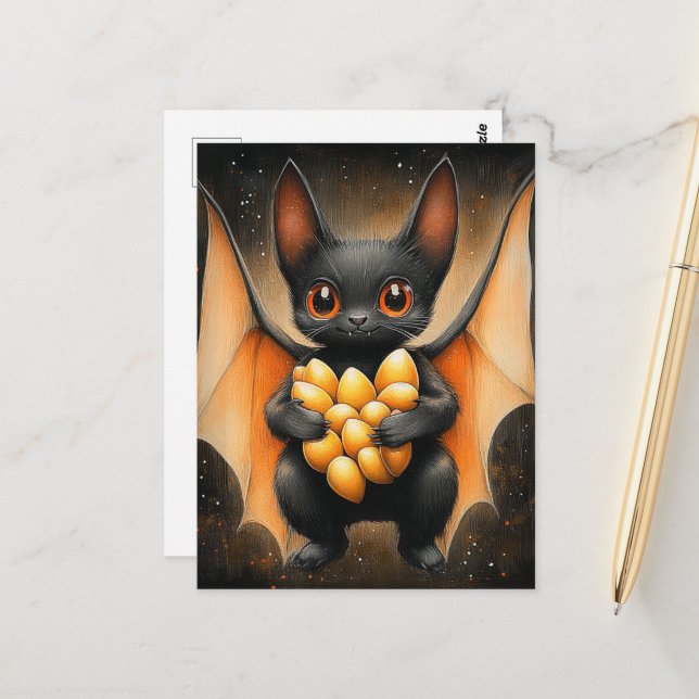 Cartão Postal Bat Adorável De Halloween Com Sementes De Abóbora (Frente/Verso In Situ)
