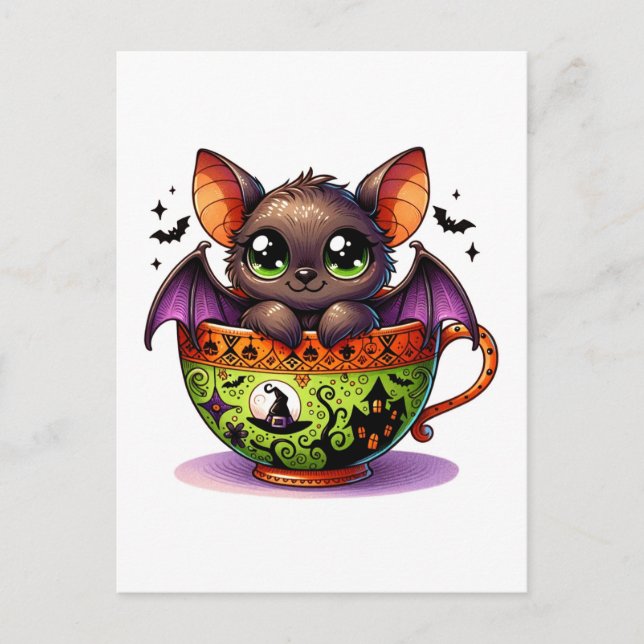 Cartão Postal Bat Adorável num Teacup de Halloween (Frente)