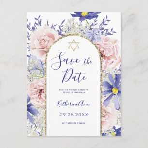 Cartão Postal Bat Floral Púrpura Rosa Mitzvah Guarde a Data