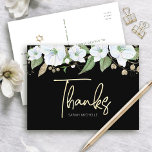 Cartão Postal Bat Mitzvah Black Dourado Script Watercolor Floral<br><div class="desc">Certifique-se de que o seu Bat Mitzvah favorito mostre o seu apreço a todos os que apoiaram o seu evento principal! Envie este obrigado sofisticado e personalizado que você faz cartão-postal! Uma aquarela floral chica, atordoante, branca e dourada com falso guião de folha de ouro e serifa branca sobrepõe-se a...</div>