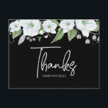 Cartão Postal Bat Mitzvah Black Silver Script Floral Obrigado<br><div class="desc">Certifique-se de que o seu Bat Mitzvah favorito mostre o seu apreço a todos os que apoiaram o seu evento principal! Envie este obrigado sofisticado e personalizado que você faz cartão-postal! Uma aquarela floral chica, atordoante, branca e dourada com falso guião de folha de ouro e serifa branca sobrepõe-se a...</div>