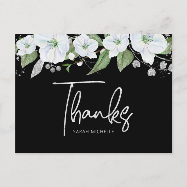 Cartão Postal Bat Mitzvah Black Silver Script Floral Obrigado (Frente)