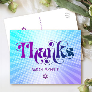 Cartão Postal Bat Mitzvah Gradiente Azul Roxo Retro Obrigado